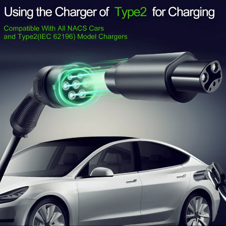 GUWIEYG Compact Charging Adapter, Type 2 (Station) to Tesla/NACS (US Car), 7.4 kW, 32A, Single-Phase — 7
