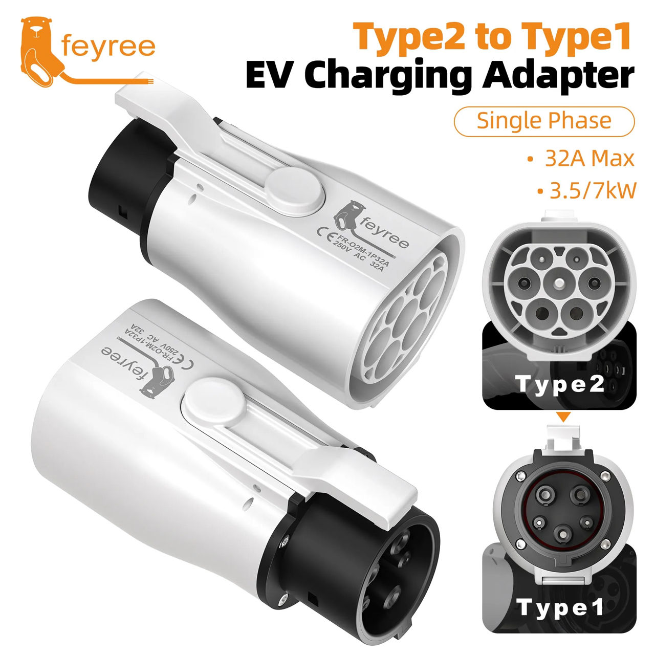 Adaptor Stație Încărcare Mașini Electrice Feyree Type 2 la Type 1 (32A, 7.4 kW)
